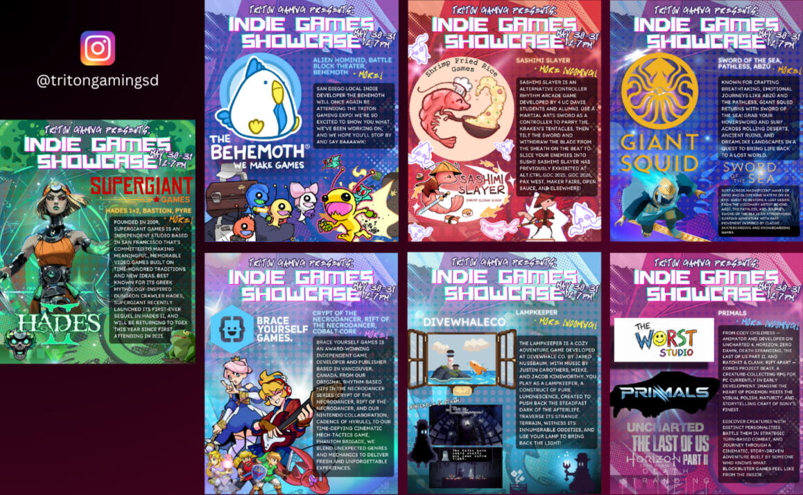 A set of social media posts advertising the Indie Game Showcases at Triton Gaming Expo 2026